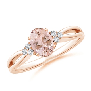 7x5mm AAAA Solitaire Oval Morganite Split Shank Ring with Trio Diamonds in 9K Rose Gold