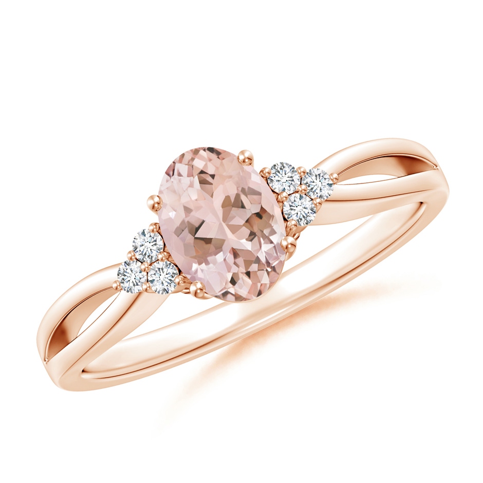 7x5mm AAAA Solitaire Oval Morganite Split Shank Ring with Trio Diamonds in Rose Gold 