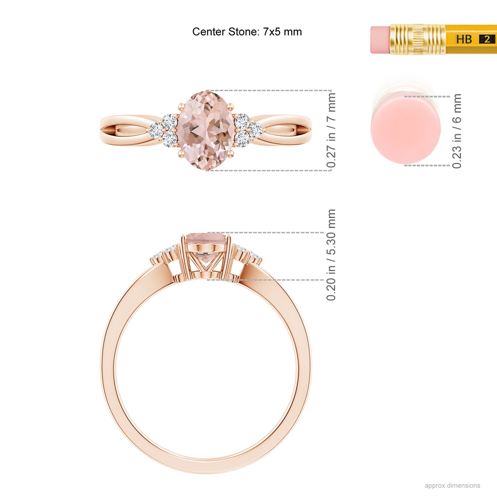 7x5mm AAAA Solitaire Oval Morganite Split Shank Ring with Trio Diamonds in Rose Gold ruler