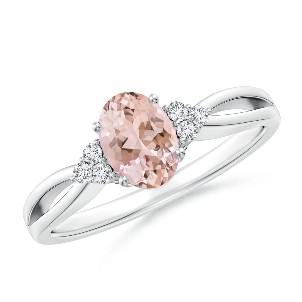 7x5mm AAAA Solitaire Oval Morganite Split Shank Ring with Trio Diamonds in White Gold