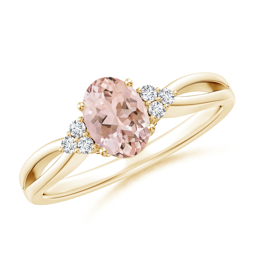 7x5mm AAAA Solitaire Oval Morganite Split Shank Ring with Trio Diamonds in Yellow Gold