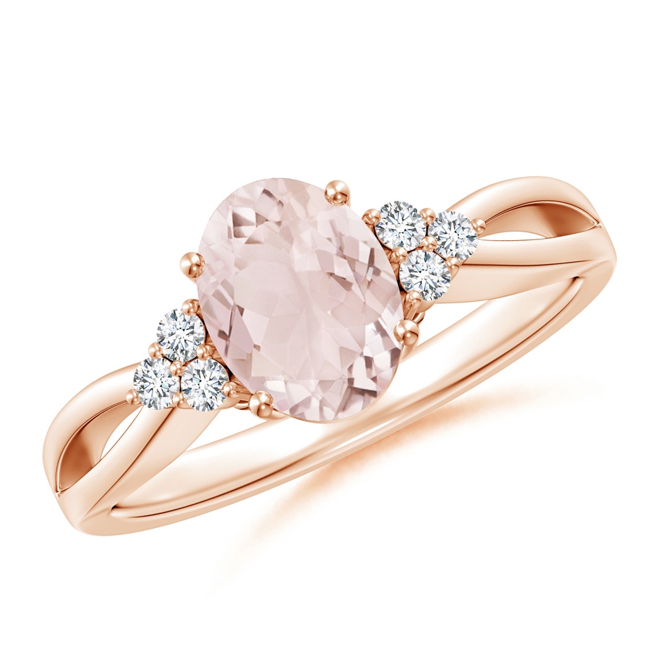 8x6mm A Solitaire Oval Morganite Split Shank Ring with Trio Diamonds in Rose Gold 