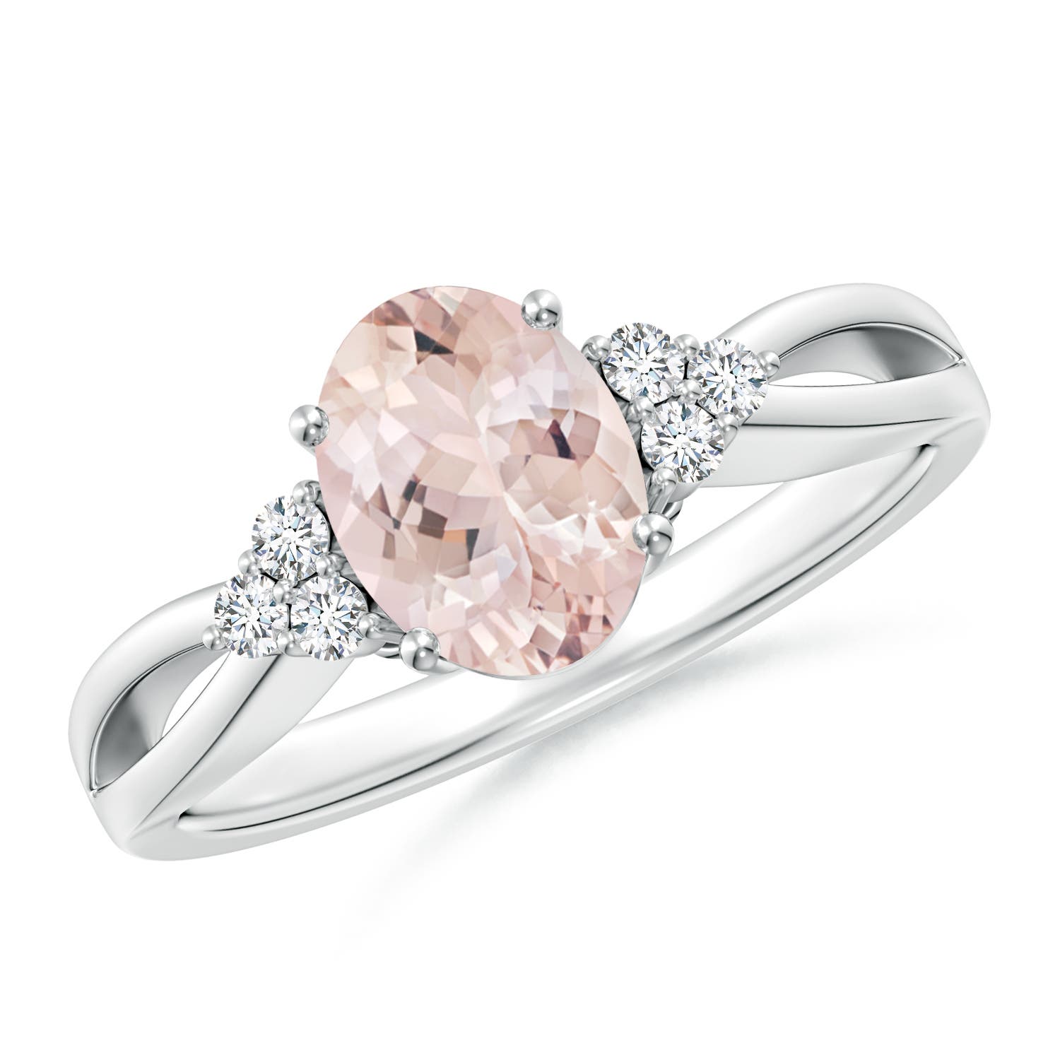 8x6mm AA Solitaire Oval Morganite Split Shank Ring with Trio Diamonds in P950 Platinum