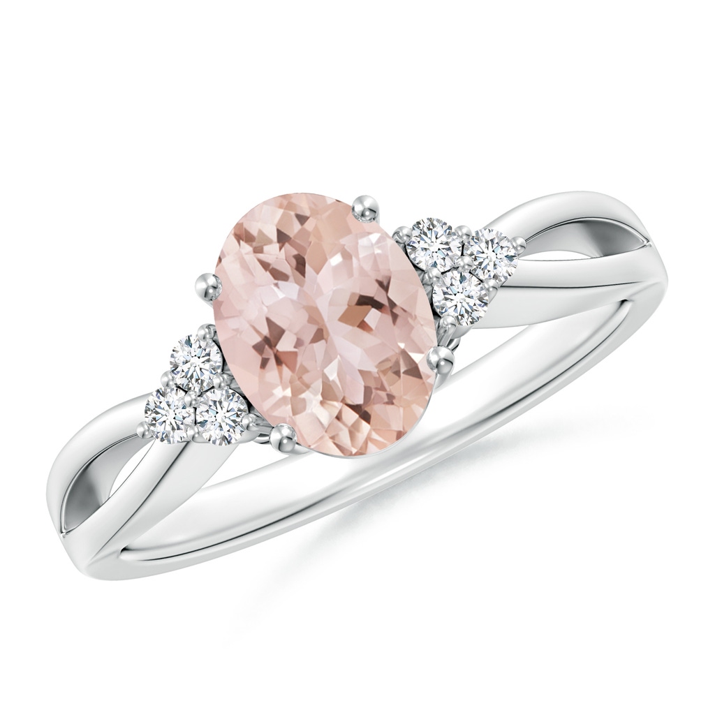 8x6mm AAA Solitaire Oval Morganite Split Shank Ring with Trio Diamonds in White Gold