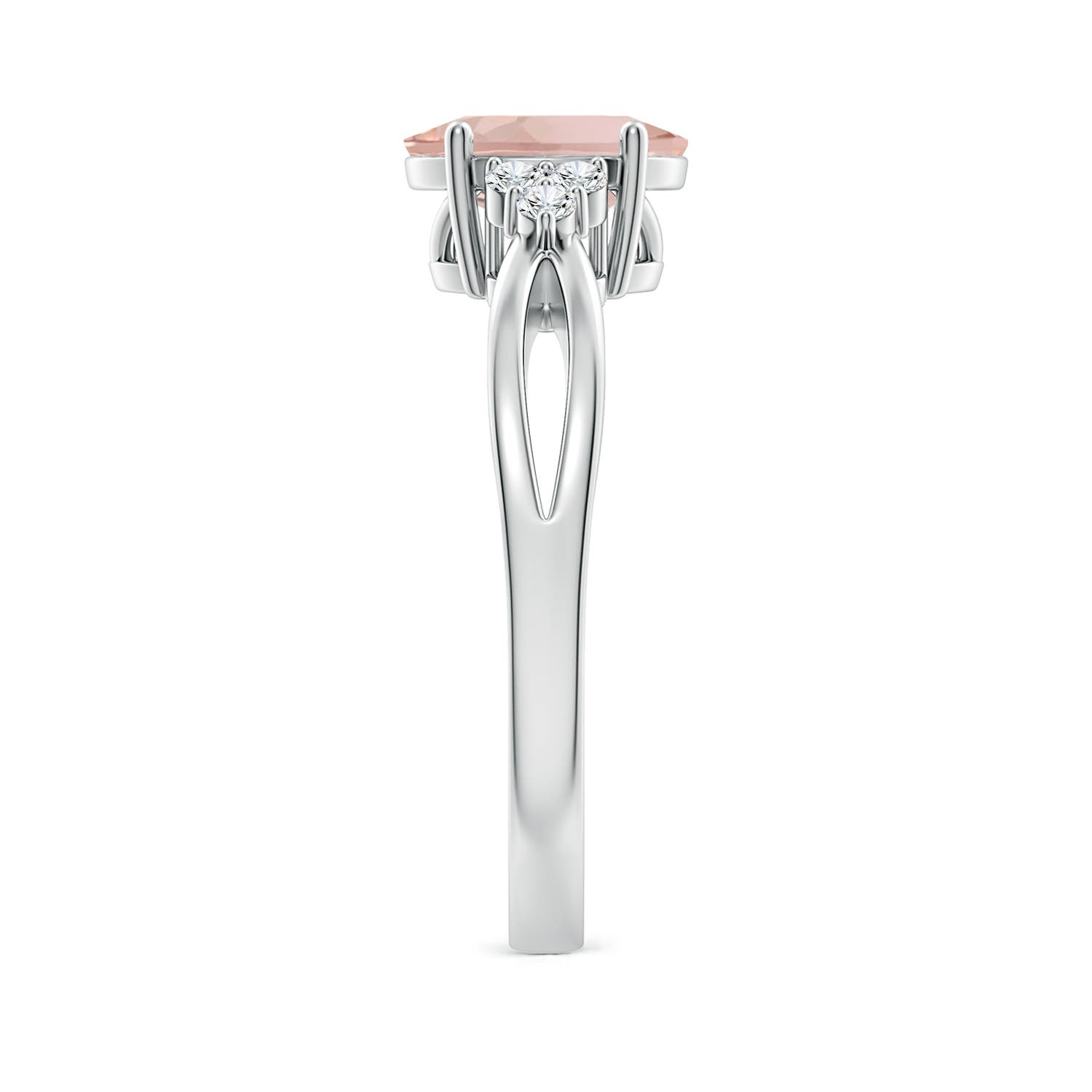 8x6mm AAA Solitaire Oval Morganite Split Shank Ring with Trio Diamonds in White Gold - side 6