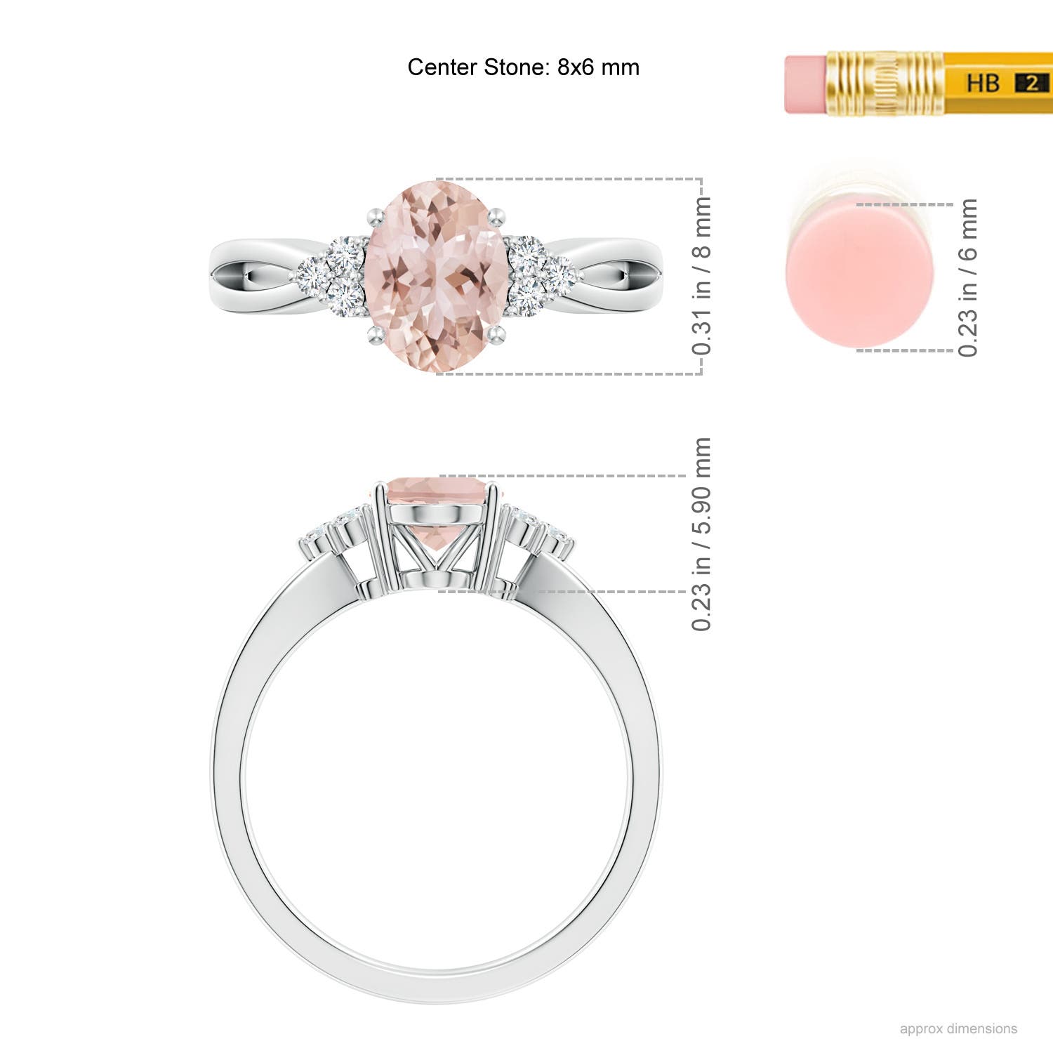 8x6mm AAA Solitaire Oval Morganite Split Shank Ring with Trio Diamonds in White Gold - ruler