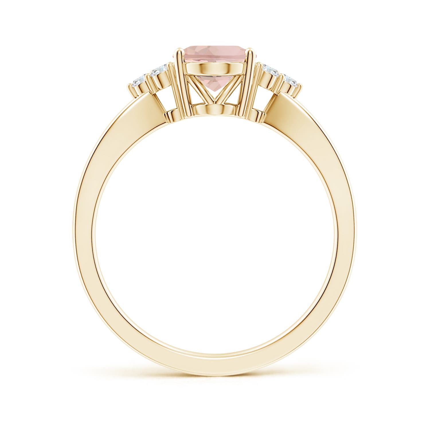 8x6mm AAA Solitaire Oval Morganite Split Shank Ring with Trio Diamonds in Yellow Gold