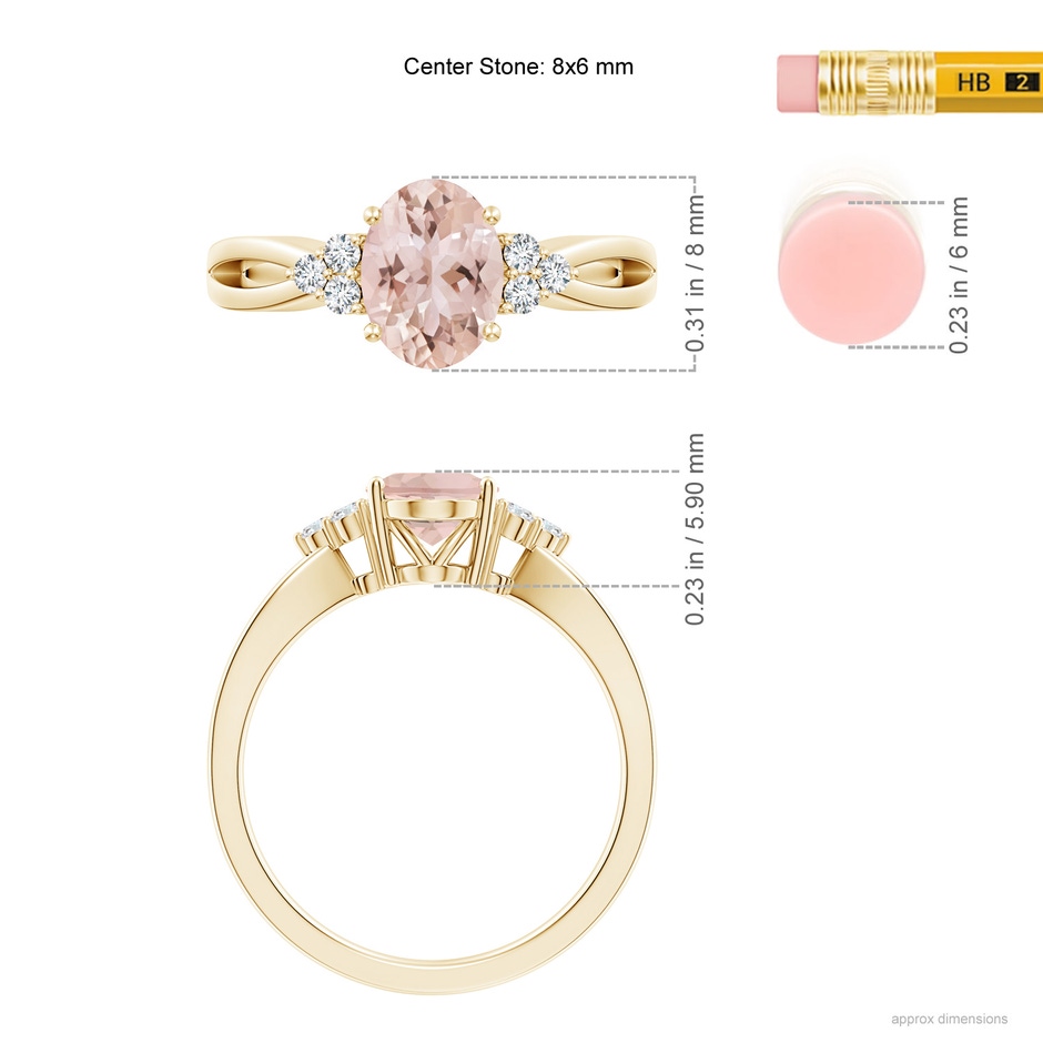 8x6mm AAA Solitaire Oval Morganite Split Shank Ring with Trio Diamonds in Yellow Gold ruler