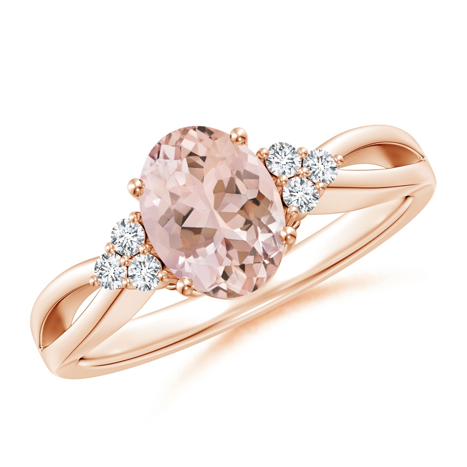 8x6mm AAAA Solitaire Oval Morganite Split Shank Ring with Trio Diamonds in Rose Gold 