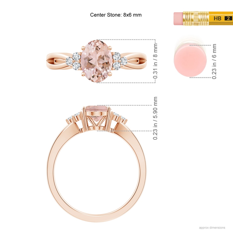 8x6mm AAAA Solitaire Oval Morganite Split Shank Ring with Trio Diamonds in Rose Gold ruler