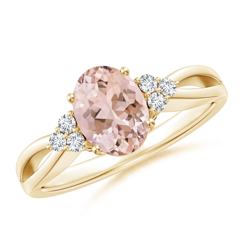 8x6mm AAAA Solitaire Oval Morganite Split Shank Ring with Trio Diamonds in Yellow Gold 