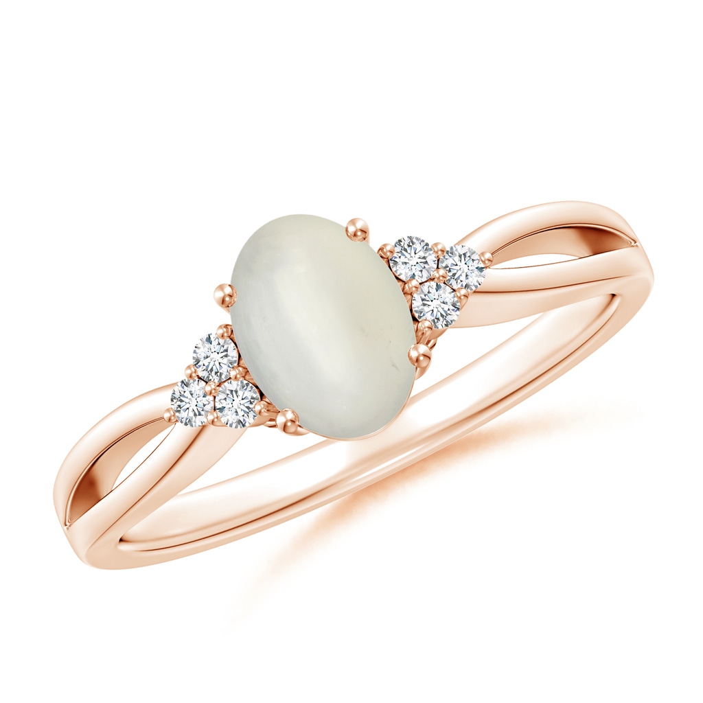 7x5mm AAA Solitaire Oval Moonstone Split Shank Ring with Trio Diamonds in Rose Gold