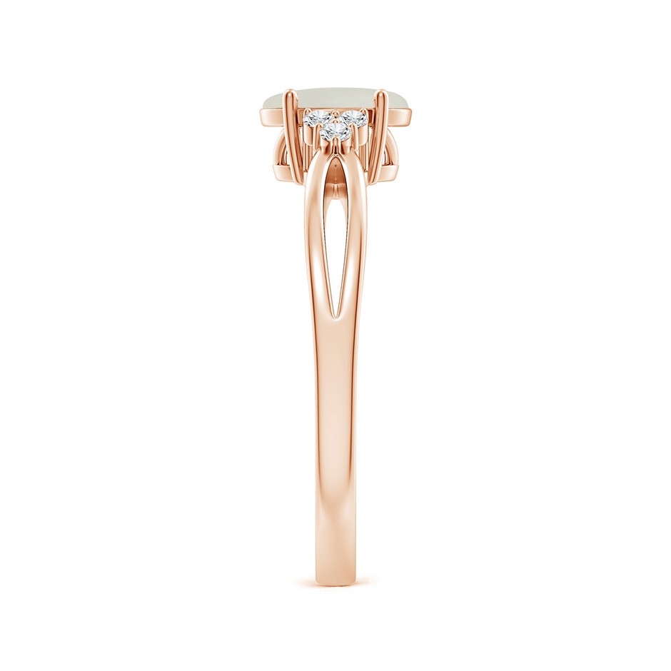 7x5mm AAA Solitaire Oval Moonstone Split Shank Ring with Trio Diamonds in Rose Gold body-hand