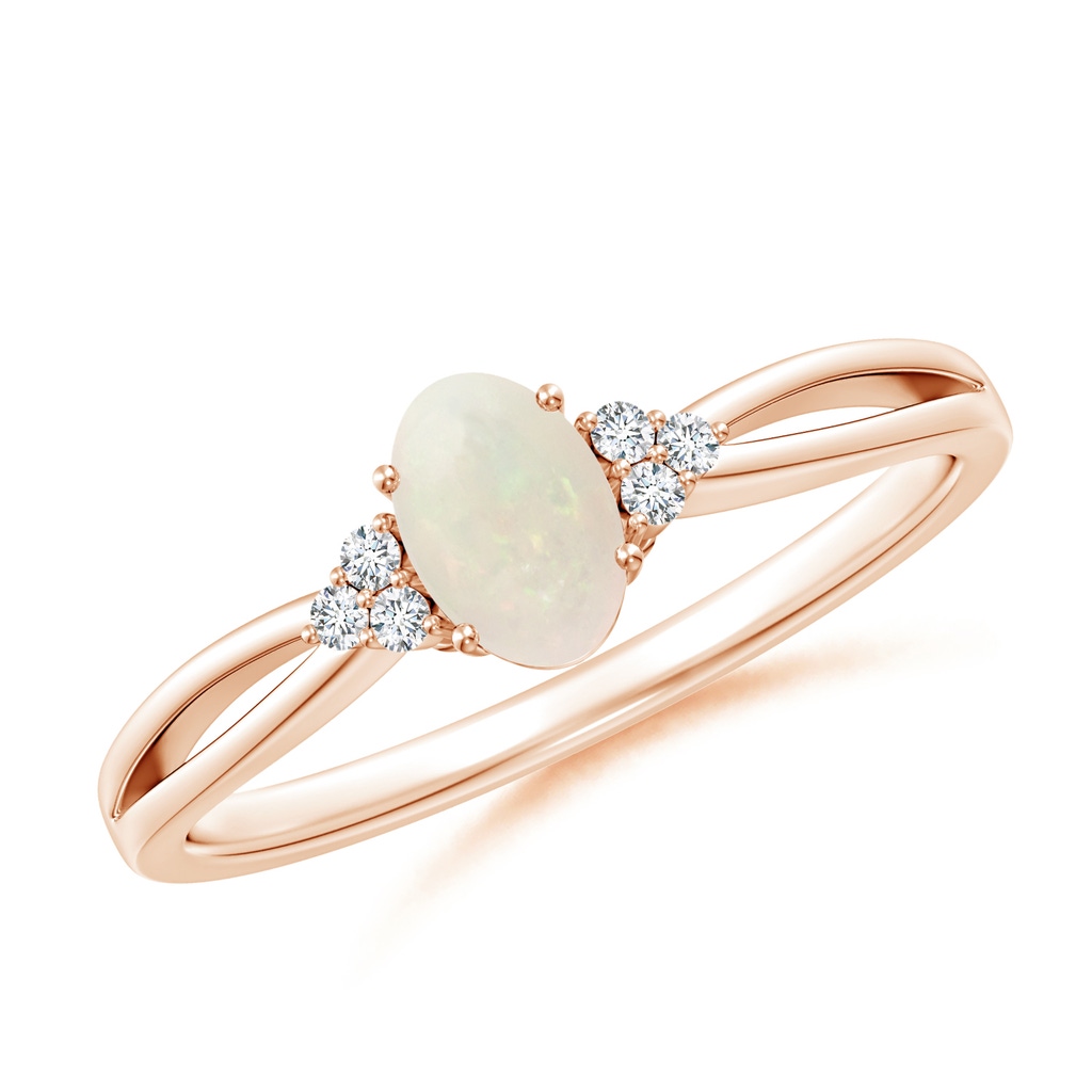6x4mm A Solitaire Oval Opal Split Shank Ring with Trio Diamonds in 10K Rose Gold