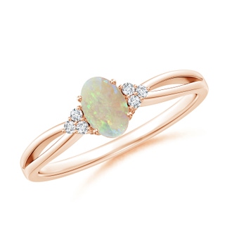 6x4mm AAA Solitaire Oval Opal Split Shank Ring with Trio Diamonds in 10K Rose Gold