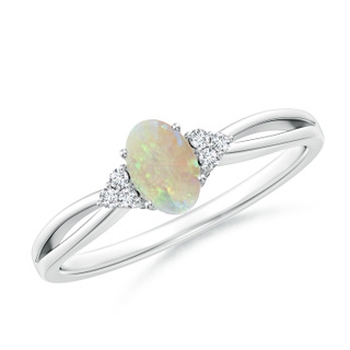 6x4mm AAA Solitaire Oval Opal Split Shank Ring with Trio Diamonds in 9K White Gold