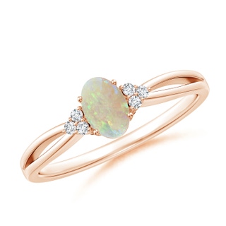 6x4mm AAA Solitaire Oval Opal Split Shank Ring with Trio Diamonds in Rose Gold