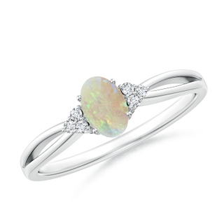 6x4mm AAA Solitaire Oval Opal Split Shank Ring with Trio Diamonds in White Gold