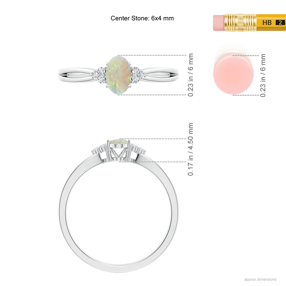 6x4mm AAA Solitaire Oval Opal Split Shank Ring with Trio Diamonds in White Gold ruler