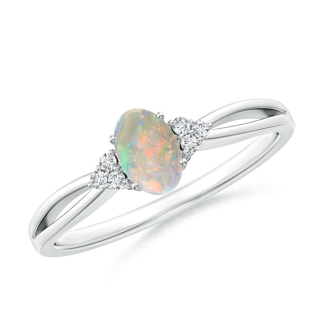 6x4mm AAAA Solitaire Oval Opal Split Shank Ring with Trio Diamonds in 10K White Gold