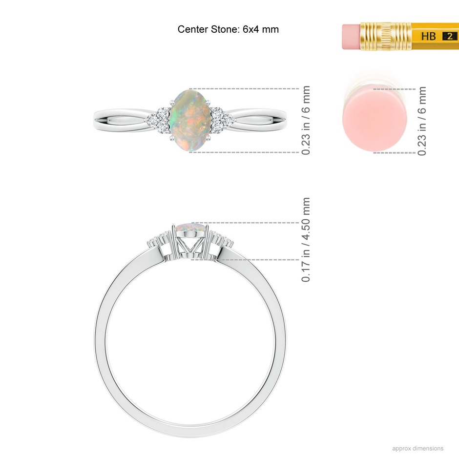 6x4mm AAAA Solitaire Oval Opal Split Shank Ring with Trio Diamonds in 10K White Gold ruler