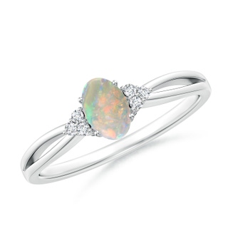 6x4mm AAAA Solitaire Oval Opal Split Shank Ring with Trio Diamonds in 9K White Gold