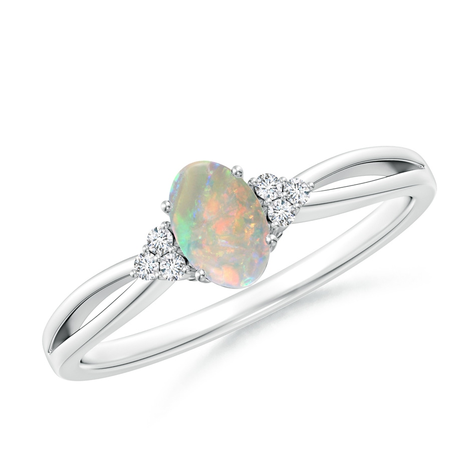 6x4mm AAAA Solitaire Oval Opal Split Shank Ring with Trio Diamonds in 9K White Gold 
