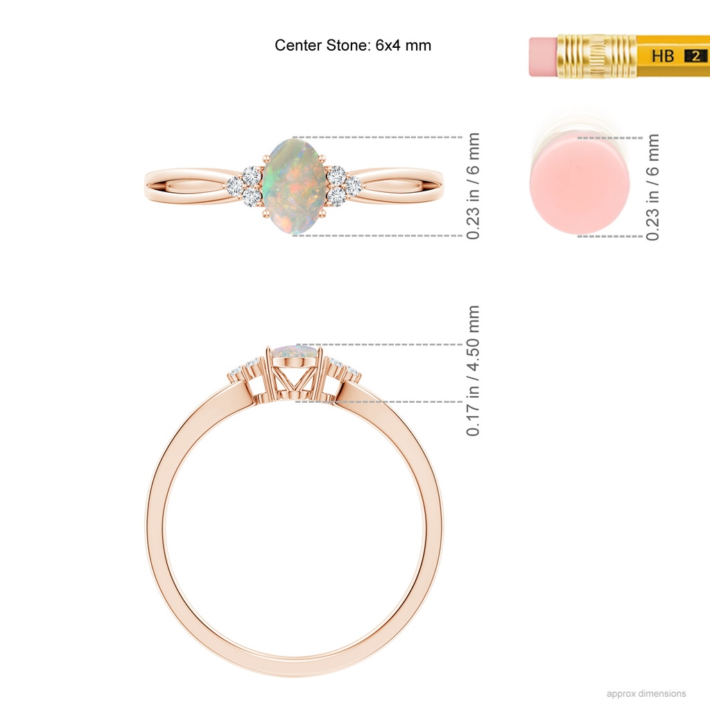 6x4mm AAAA Solitaire Oval Opal Split Shank Ring with Trio Diamonds in Rose Gold Ruler