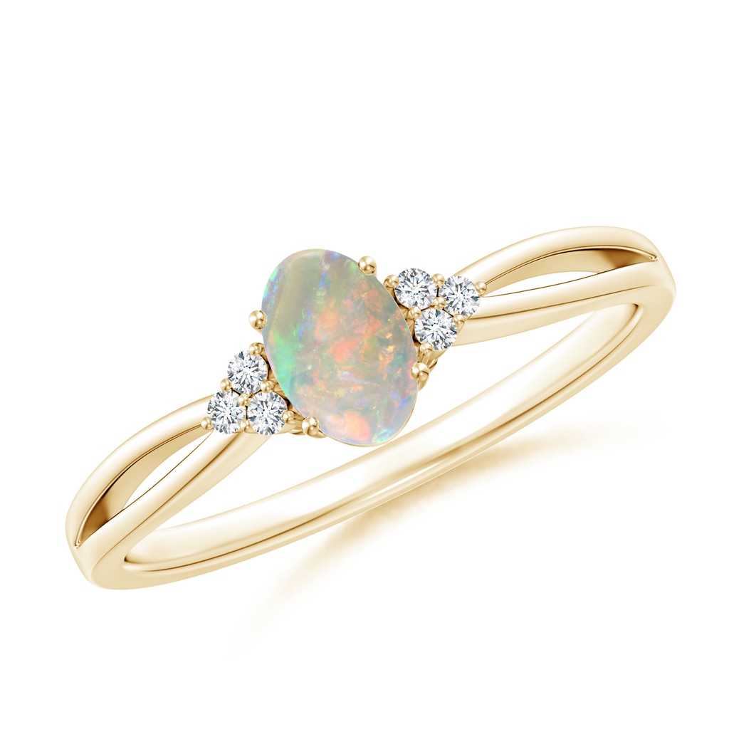 6x4mm AAAA Solitaire Oval Opal Split Shank Ring with Trio Diamonds in Yellow Gold