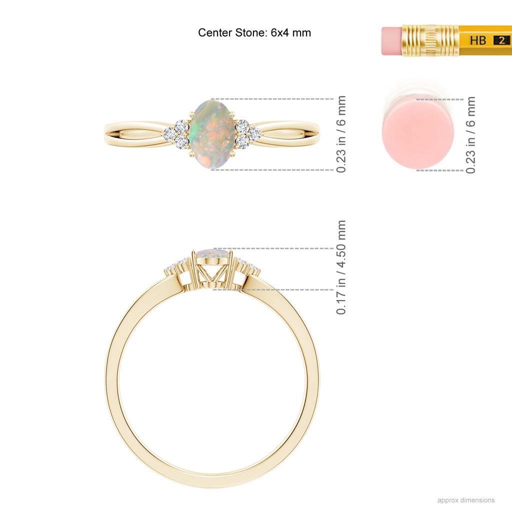 6x4mm AAAA Solitaire Oval Opal Split Shank Ring with Trio Diamonds in Yellow Gold Ruler