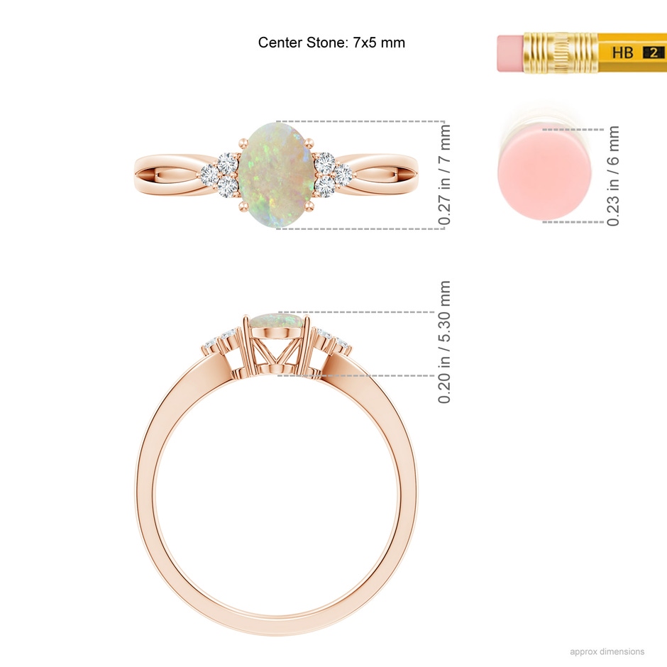 7x5mm AAA Solitaire Oval Opal Split Shank Ring with Trio Diamonds in Rose Gold ruler