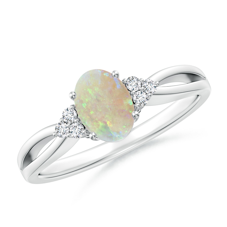 7x5mm AAA Solitaire Oval Opal Split Shank Ring with Trio Diamonds in White Gold 