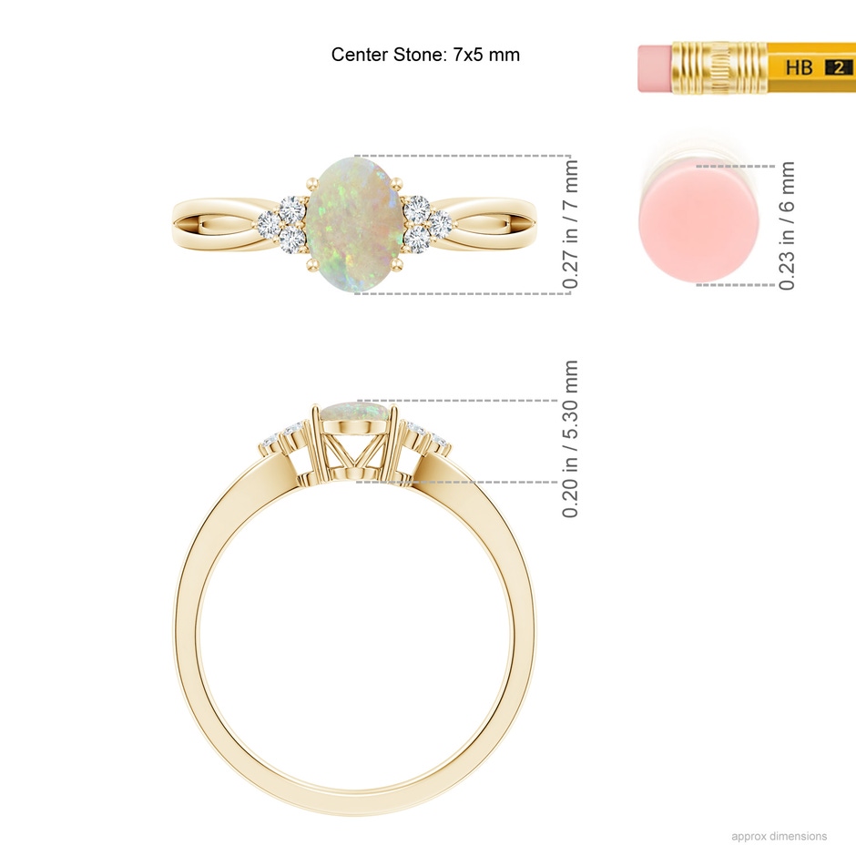 7x5mm AAA Solitaire Oval Opal Split Shank Ring with Trio Diamonds in Yellow Gold ruler