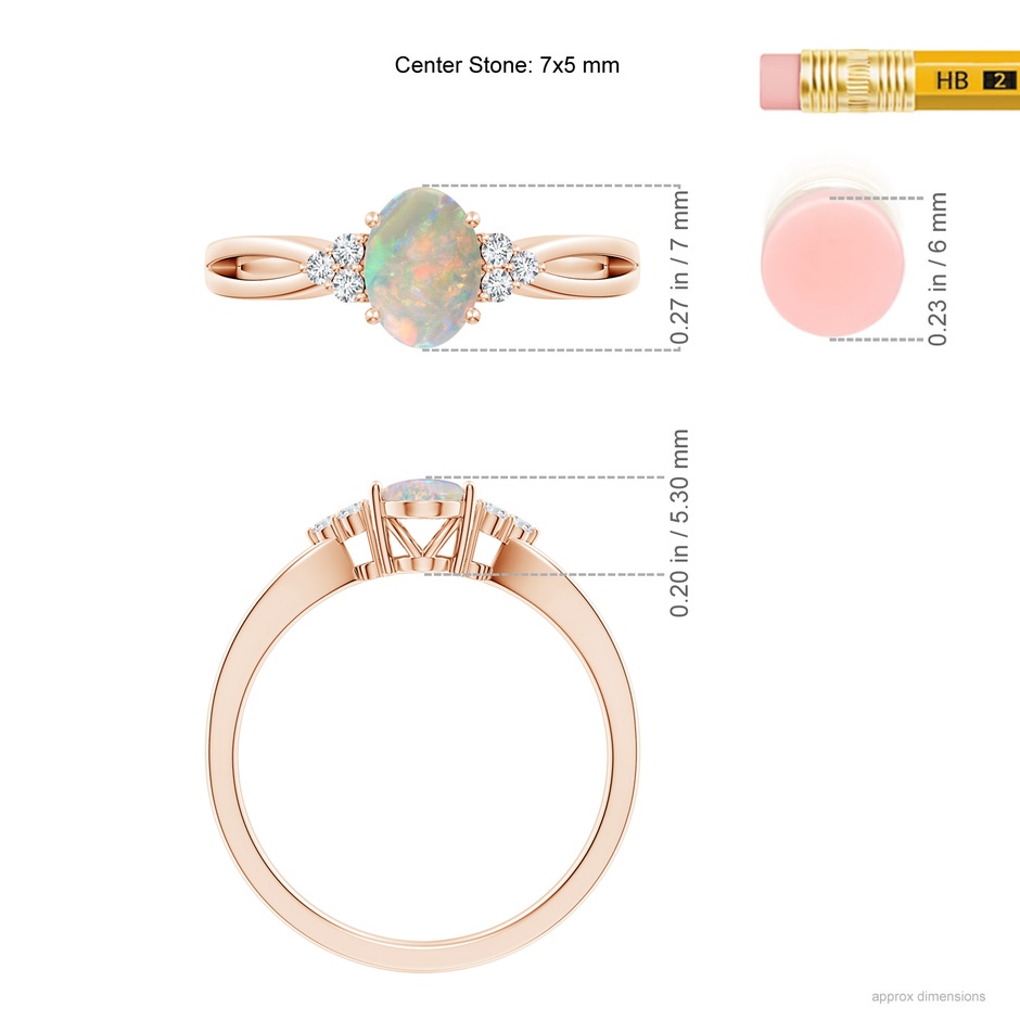 7x5mm AAAA Solitaire Oval Opal Split Shank Ring with Trio Diamonds in 10K Rose Gold ruler