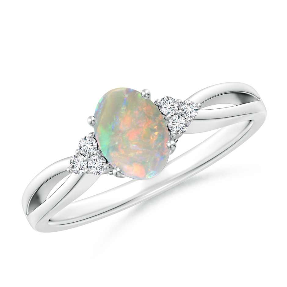 7x5mm AAAA Solitaire Oval Opal Split Shank Ring with Trio Diamonds in 9K White Gold 