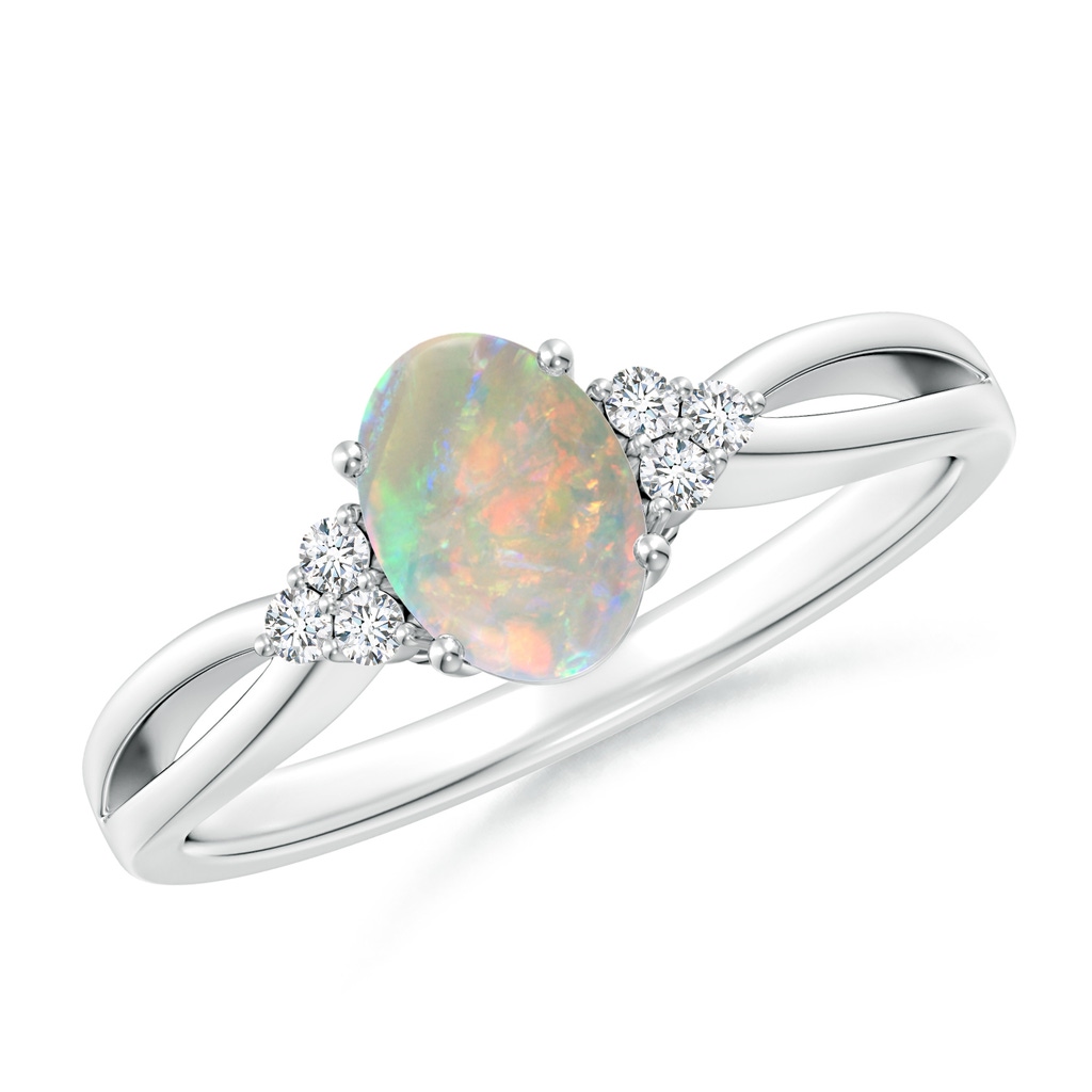 7x5mm AAAA Solitaire Oval Opal Split Shank Ring with Trio Diamonds in 9K White Gold