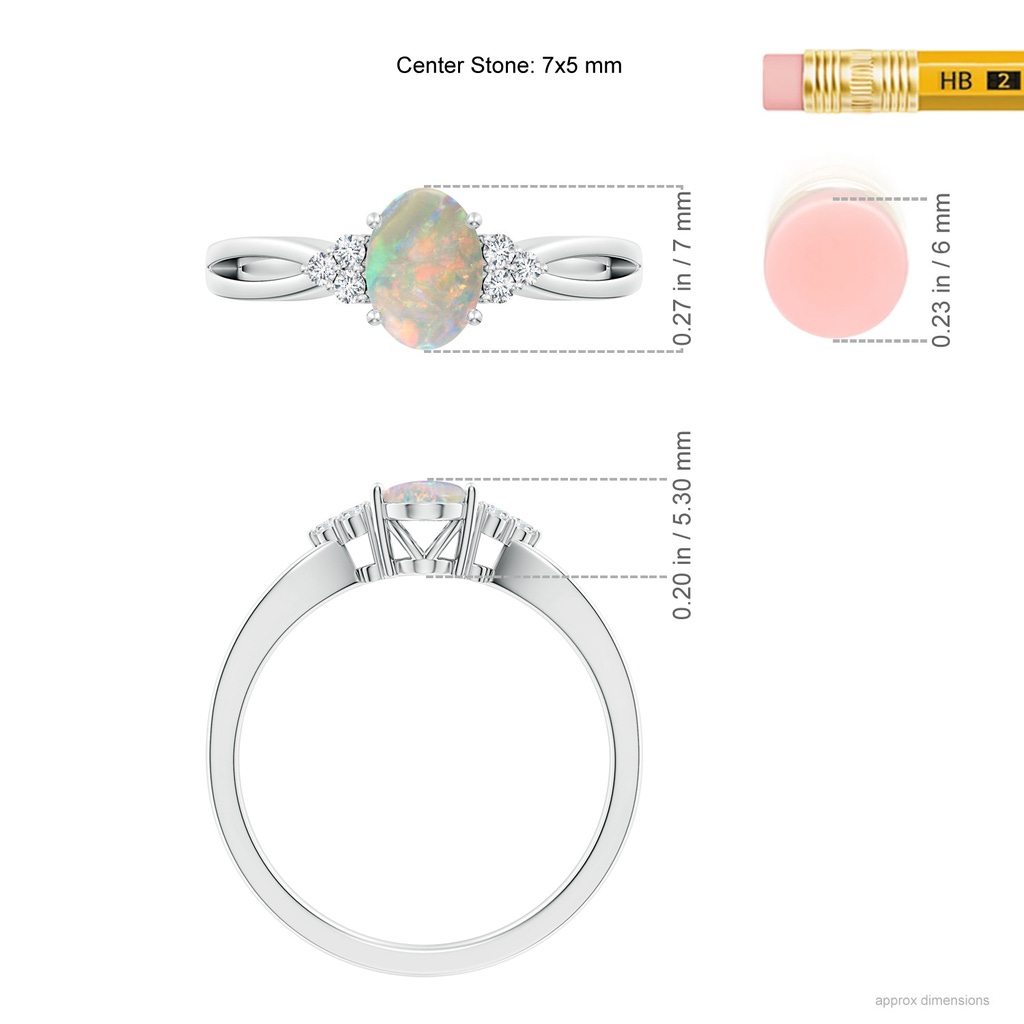 7x5mm AAAA Solitaire Oval Opal Split Shank Ring with Trio Diamonds in 9K White Gold Product Image