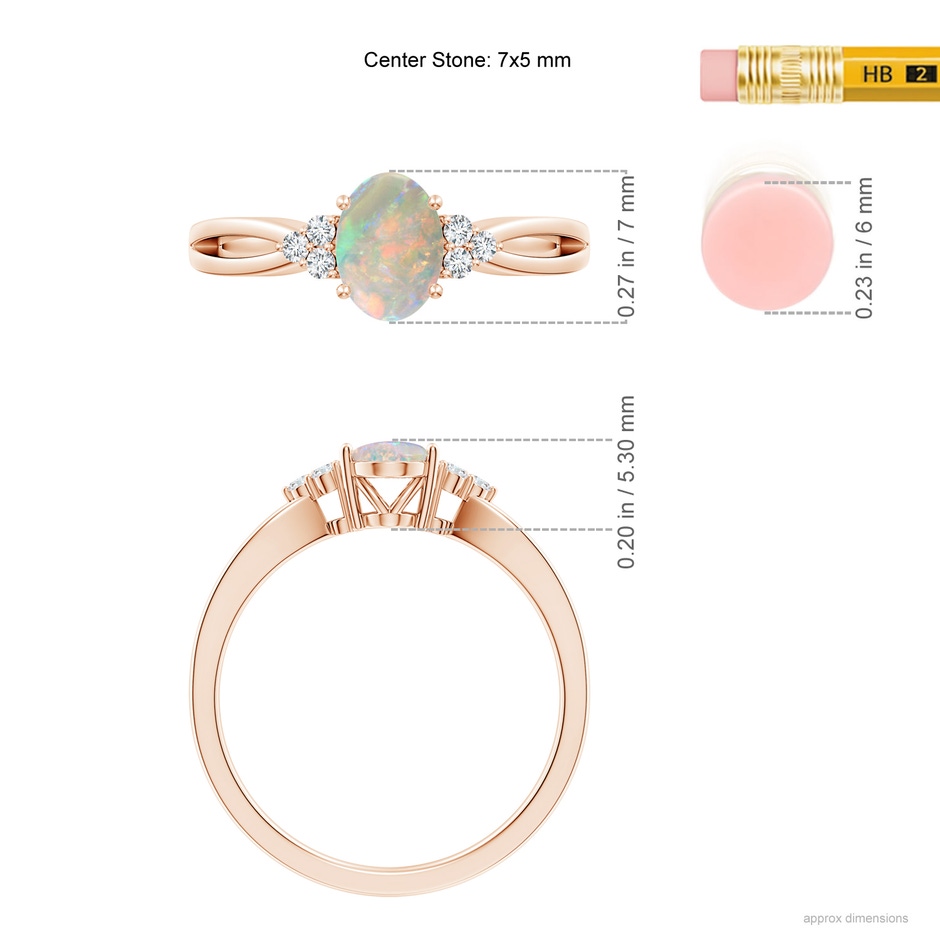 7x5mm AAAA Solitaire Oval Opal Split Shank Ring with Trio Diamonds in Rose Gold ruler