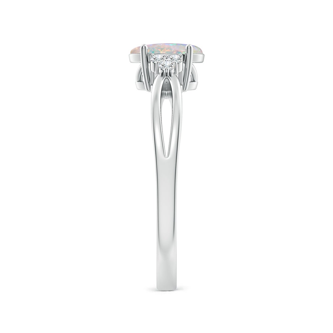 7x5mm AAAA Solitaire Oval Opal Split Shank Ring with Trio Diamonds in White Gold - side 6
