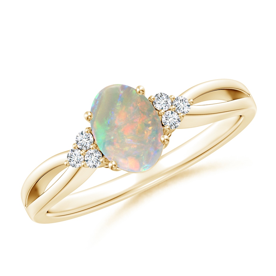 7x5mm AAAA Solitaire Oval Opal Split Shank Ring with Trio Diamonds in Yellow Gold 