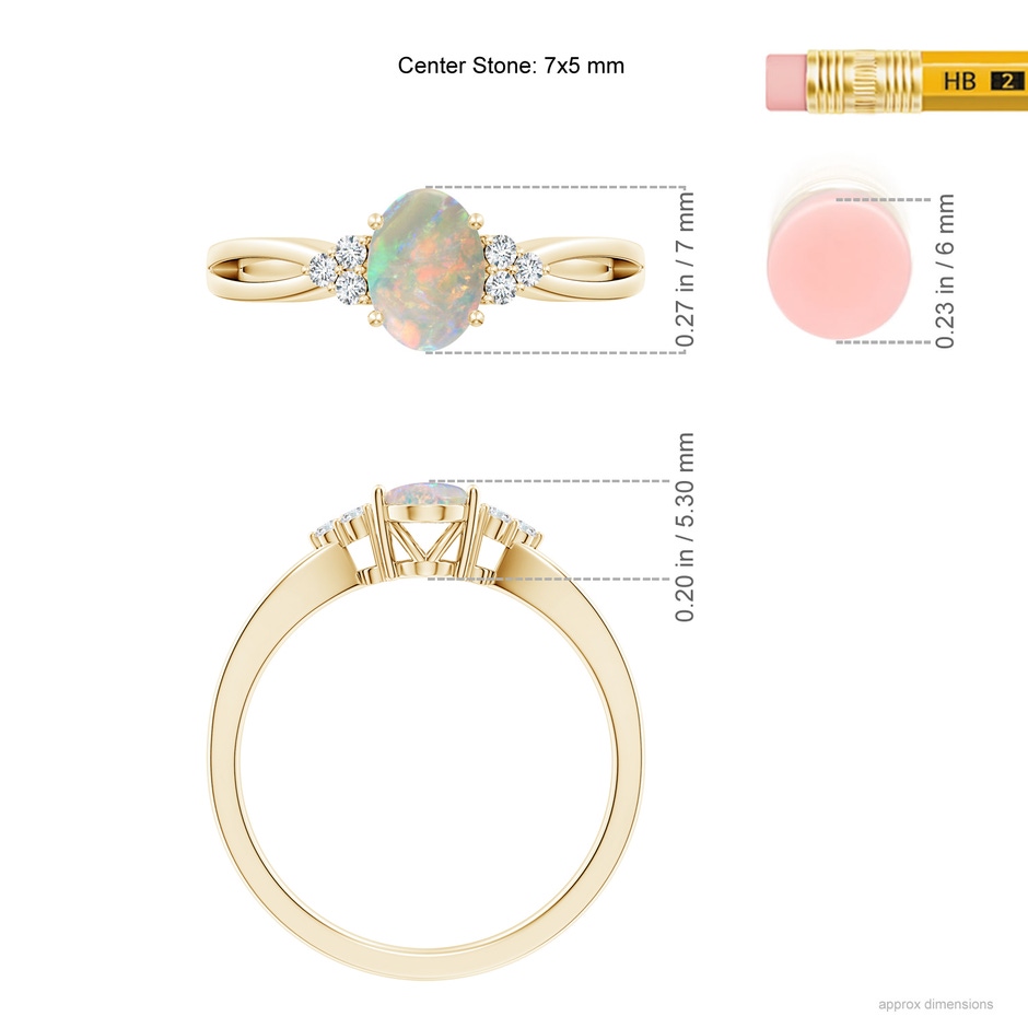 7x5mm AAAA Solitaire Oval Opal Split Shank Ring with Trio Diamonds in Yellow Gold ruler