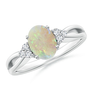 8x6mm AAA Solitaire Oval Opal Split Shank Ring with Trio Diamonds in White Gold