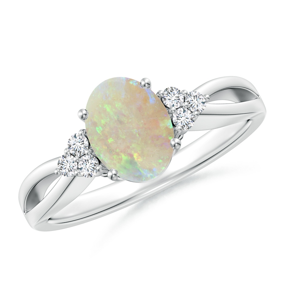8x6mm AAA Solitaire Oval Opal Split Shank Ring with Trio Diamonds in White Gold 