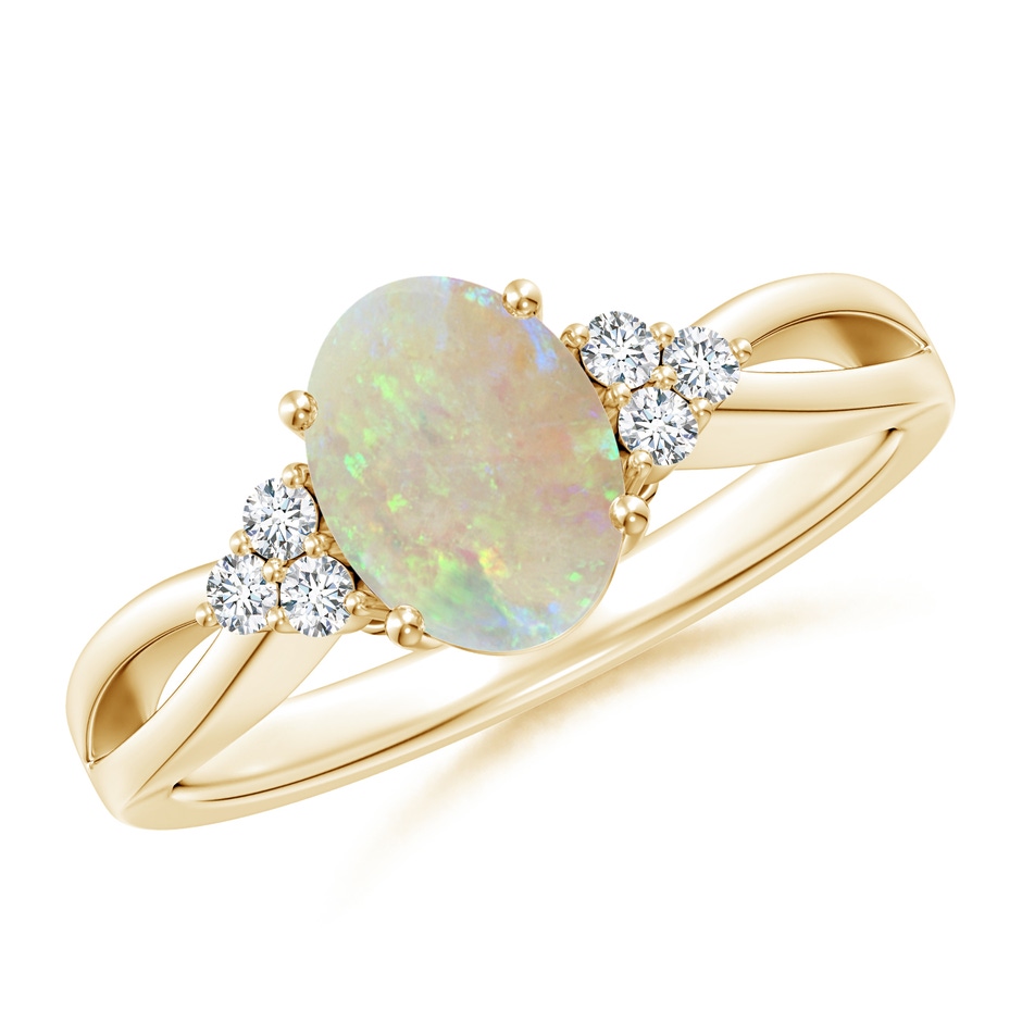 8x6mm AAA Solitaire Oval Opal Split Shank Ring with Trio Diamonds in Yellow Gold 