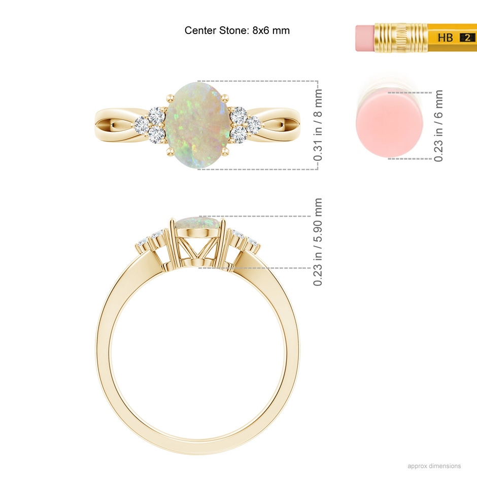 8x6mm AAA Solitaire Oval Opal Split Shank Ring with Trio Diamonds in Yellow Gold ruler