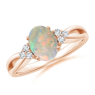 8x6mm AAAA Solitaire Oval Opal Split Shank Ring with Trio Diamonds in Rose Gold