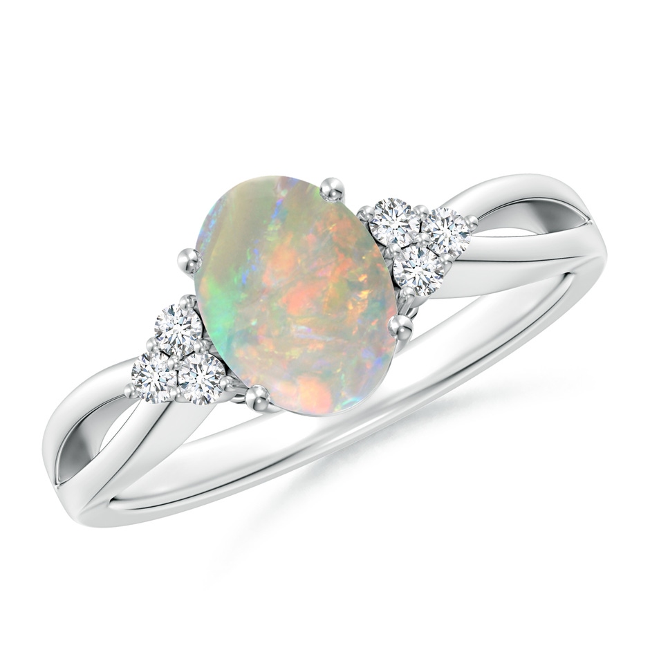 8x6mm AAAA Solitaire Oval Opal Split Shank Ring with Trio Diamonds in White Gold 