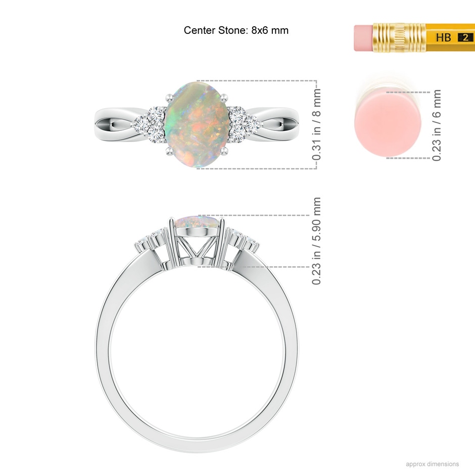 8x6mm AAAA Solitaire Oval Opal Split Shank Ring with Trio Diamonds in White Gold ruler