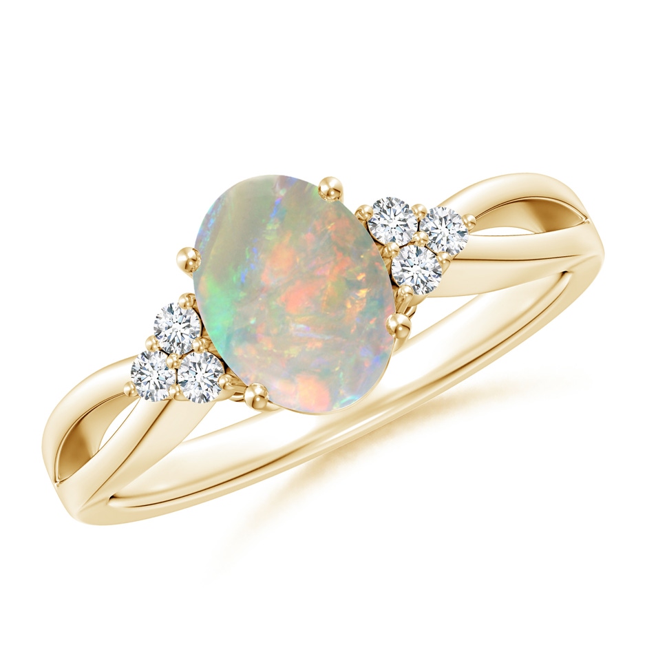 8x6mm AAAA Solitaire Oval Opal Split Shank Ring with Trio Diamonds in Yellow Gold 