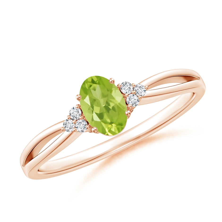 6x4mm AA Solitaire Oval Peridot Split Shank Ring with Trio Diamonds in Rose Gold 